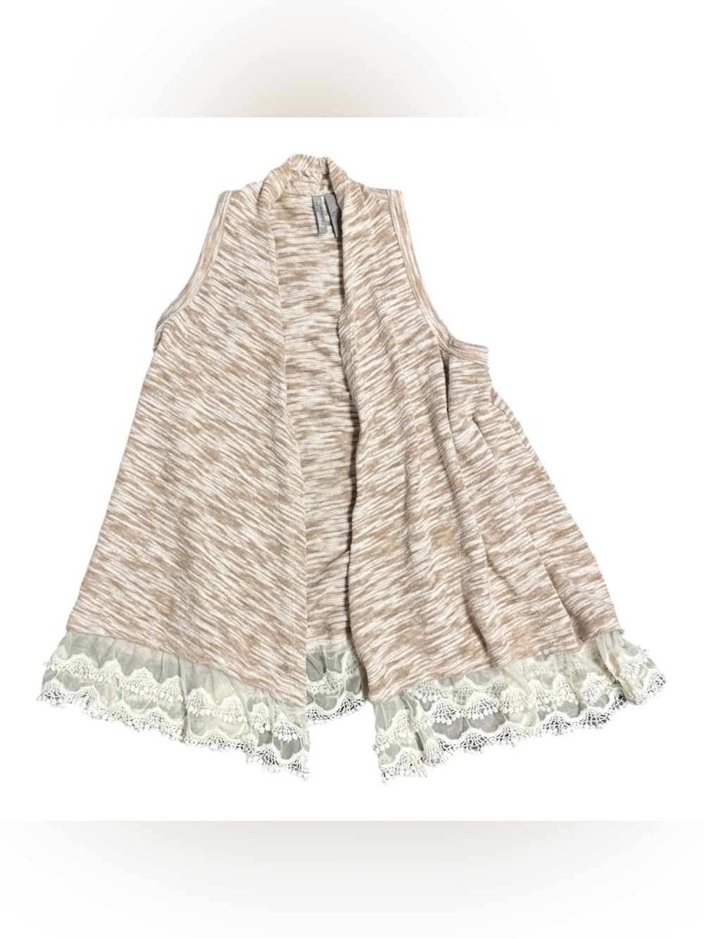 New directions women's beige cream knit sweater with scalloped lace hem trim S